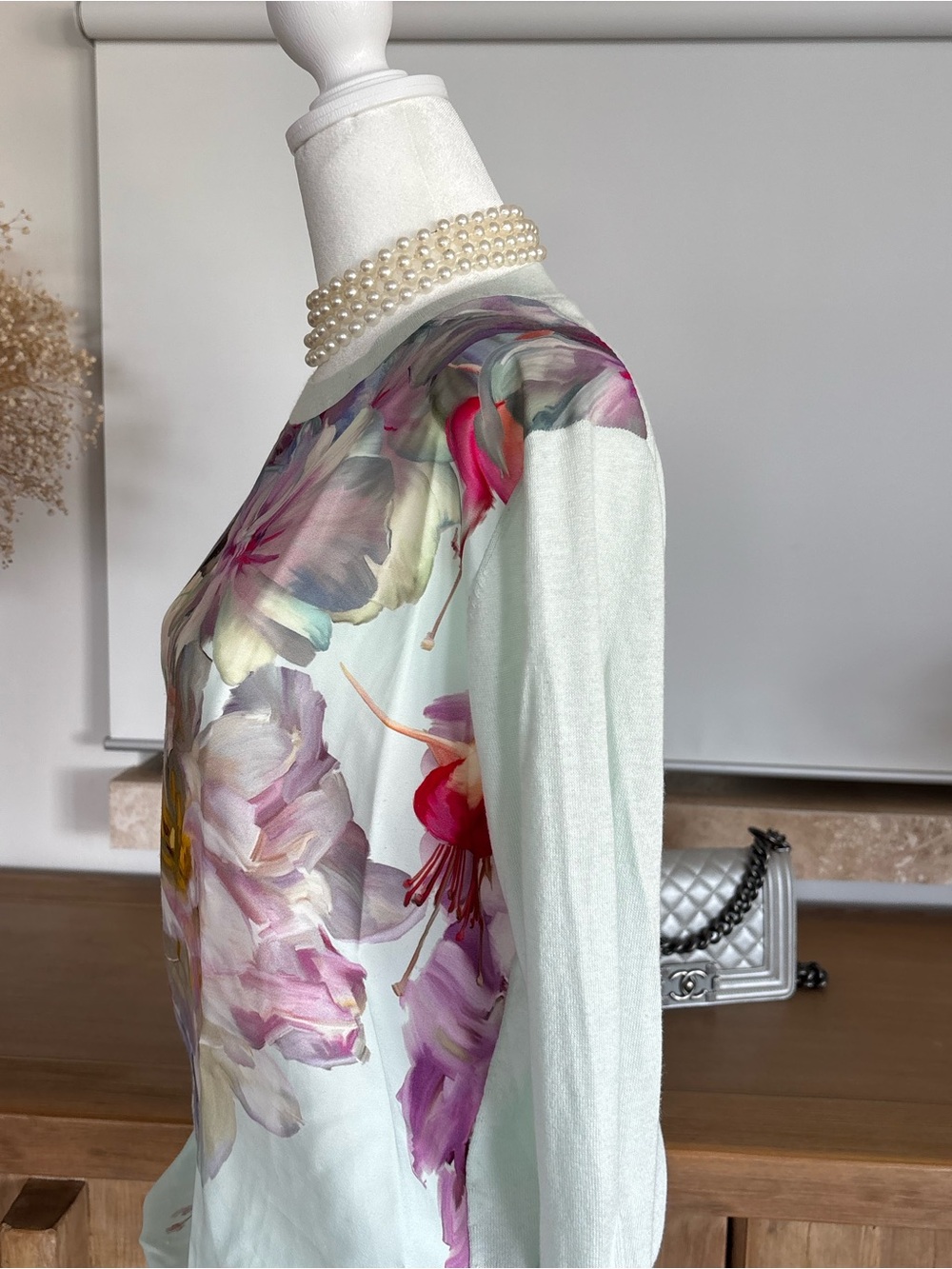 Ted Baker Gertie Hanging Gardens Floral Silk Blend Sweater Mint UK 3 US 8 M 90s - Picture 9 of 15